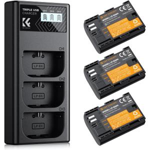 K&F CONCEPT 3-Pack LP-E6NH Battery and Triple Slot Charger Compatible with Canon EOS R7, R6, R5, R, 6D Mark II, 5D Mark IV, 5D Mark III, 5DS, 5DS R, 5D Mark II, 80D, 90D, 6D, 7D, 7D Mark II, 2250mAh