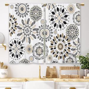 Boho Black White Mandala Floral Kitchen Curtains Modern Flower Small Short Cafe Window Curtains Indian Bohemian Rod Pocket Bathroom Drapes Treatment Tier Curtains 2 Panels (27.5x39 Inch)
