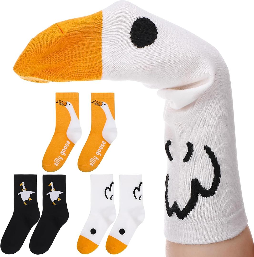 3 Pairs Funny Goose Socks Novelty Casual Cotton Crew Sock Silly Goose Animal Sock Gifts for Women Costume Party (White)