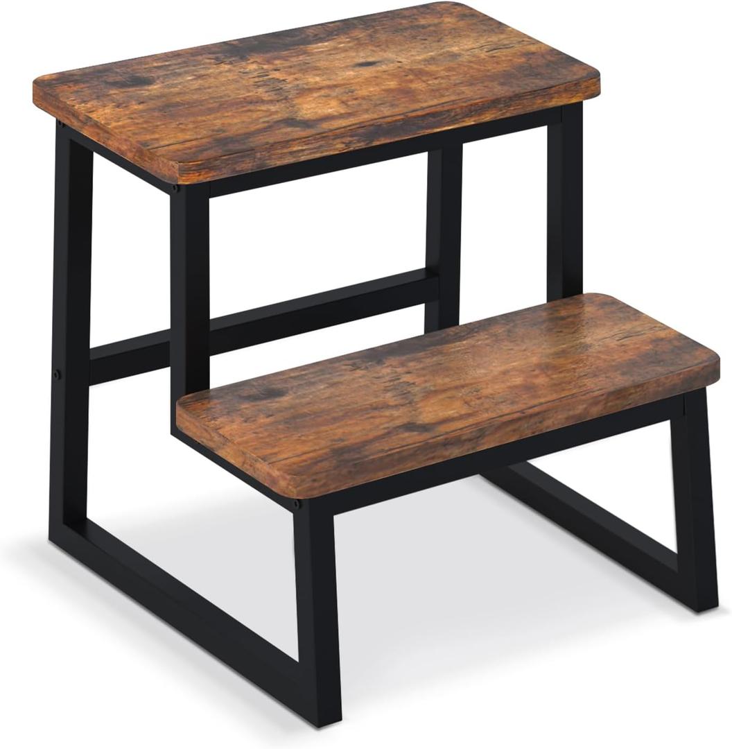 Step Stool for Adults,Holds up to 500Lb,Heavy Duty Sturdy Two Step Stool for Kichen/Bathroom/High beds, Wooden&Metal Frame, Non-Slip Pads (Brown)
