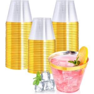 I00000 60PCS Gold Plastic Cups, 9 oz Clear Disposable Cups with Golden Trim, Heavy-Duty Disposable Hard Plastic Wine Glasses Cocktail Glasses Perfect for Party & Wedding