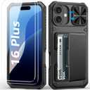for iPhone 16 Plus Case Wallet with Screen Protector (Tempered Glass), Card Holder (4-5 Cards), Slide Camera Cover, Military Grade Protection, Rugged Men Women Case for iPhone 16 Plus, Black