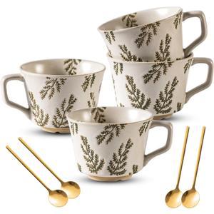 Coffee Mugs Set of 4 with Gold Spoon, 11 oz Porcelain Mug, Ceramic Tea Cups with Handle for Men Women, Hand-painted Mug, Birthday Housewarming Wedding Gift, Dishwasher Microwave Safe (Vines)