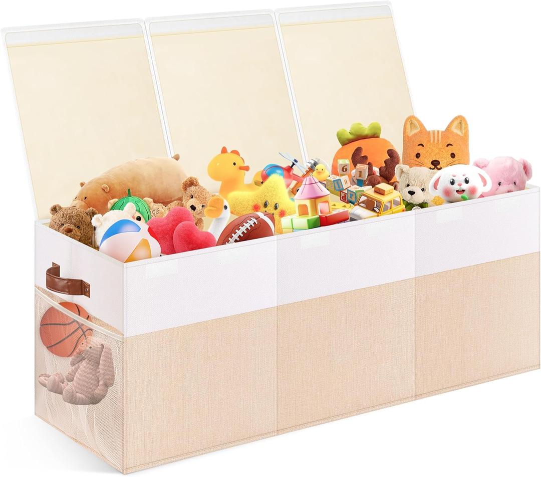 Extra Large Toy Storage Box with Lid, Collapsible Sturdy Toy Chest Storage Organizer Bin Basket with Divider for Kids, Boys, Girls, Closet, Playroom, Bedroom, Nursery, 40"X14"X16", Beige & White