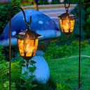 2 Pack Solar Flame Hanging Lights Outdoor, Halloween Solar Flickering Flame LED Garden Lanterns with 2 x 38 Inch Shepherd Hooks, Christmas Lighting for Lawn Patio Yard Pathway Driveway