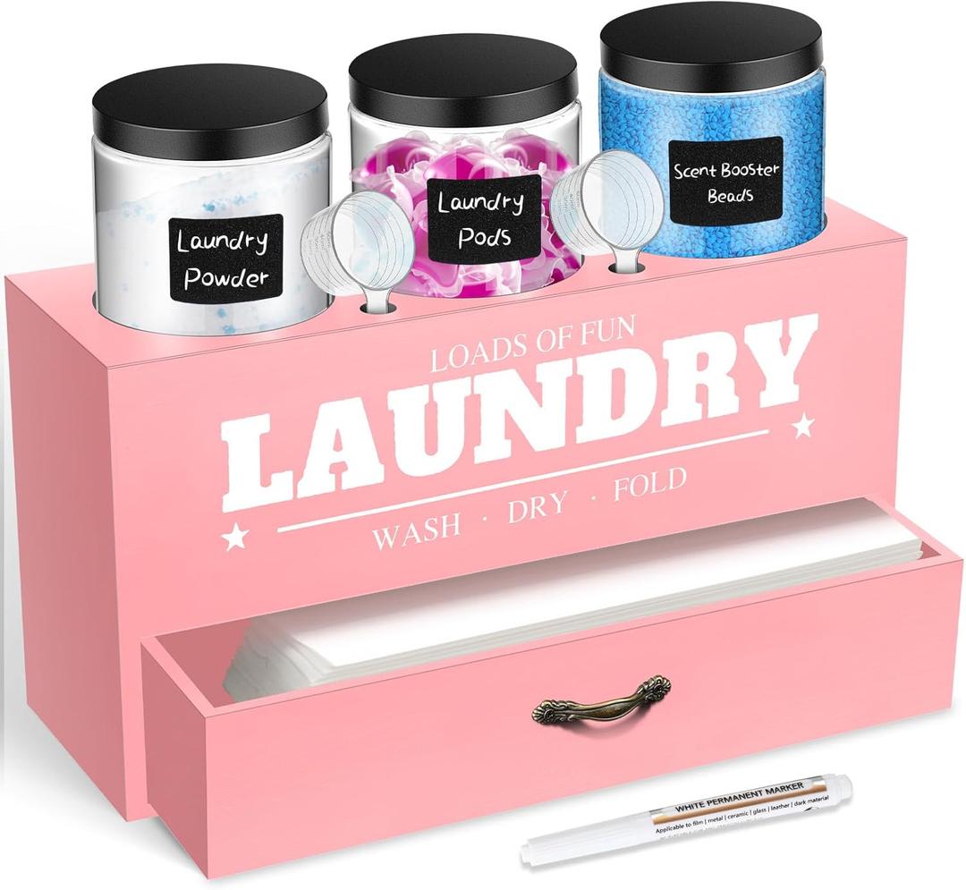 Geelin 4 Pack Laundry Pods Organizer & Dryer Sheet Holders, Laundry Room Organization Containers Dispenser, 3 Pcs 1.3 L Jars with Lids and Labels for Detergent Storage Supplies Decorations(Pink)