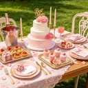 125PCS Pink and Gold Plastic Plates - Pink Disposable Plates - Vintage Plate with Gold Plastic Silverware Set for 25 Guests for Weddings Baby Shower Parties Mother's Day