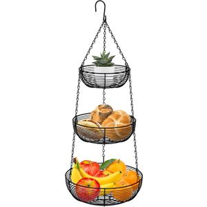 CAXXA 3-Tier Hanging Basket Fruit Organizer Kitchen Heavy Duty Wire Organizer with 2 Free Bonus Metal Ceiling Hooks, Black