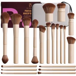 Professional Makeup Brushes BS-MALL With Travel Case - Kabuki Brush Eyeshadow Brush, Concealer Brush, Blush Brush Bronzer & Foundation 20 Pcs, Labeled Daily Use Gift Box Aluminum Ferrules (Beige)