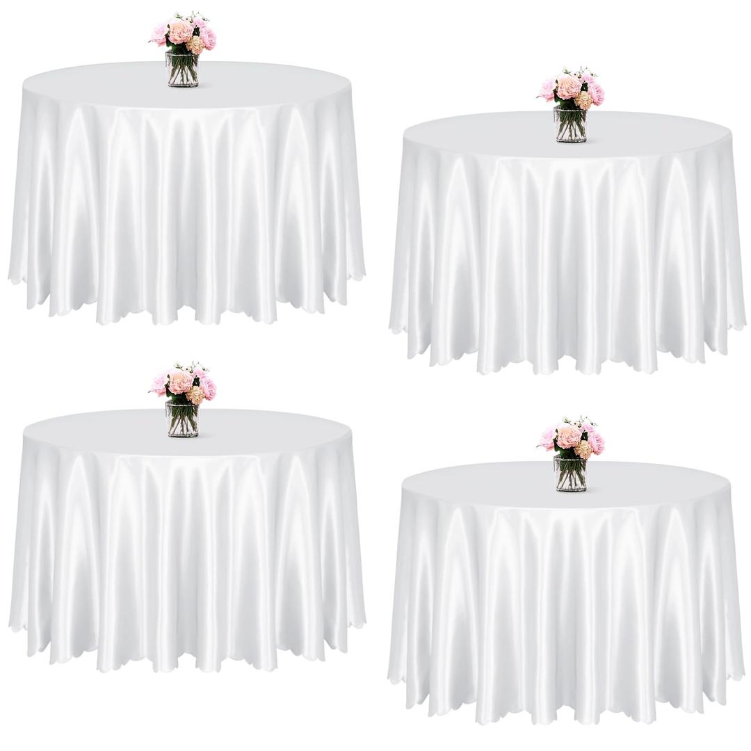 KKJIAF 4 Pack White Satin Round Table Cloths 90 Inch, Overlay Round Table Cover, Silky Satin Dining Tablecloth for Wedding Buffet Parties Banquet Decoration