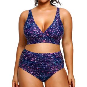 Yonique Womens Plus Size Bikini High Waisted Swimsuits Two Piece Bathing Suits Tummy Control Swimwear (Star Whole Sky) 18 Plus