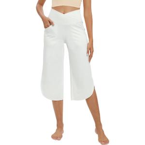 G4Free Capri Pants for Women Wide Leg Yoga Pants for Summer Flowy Capris Loose Casual Cropped Pants with Pockets (X-Small, White)