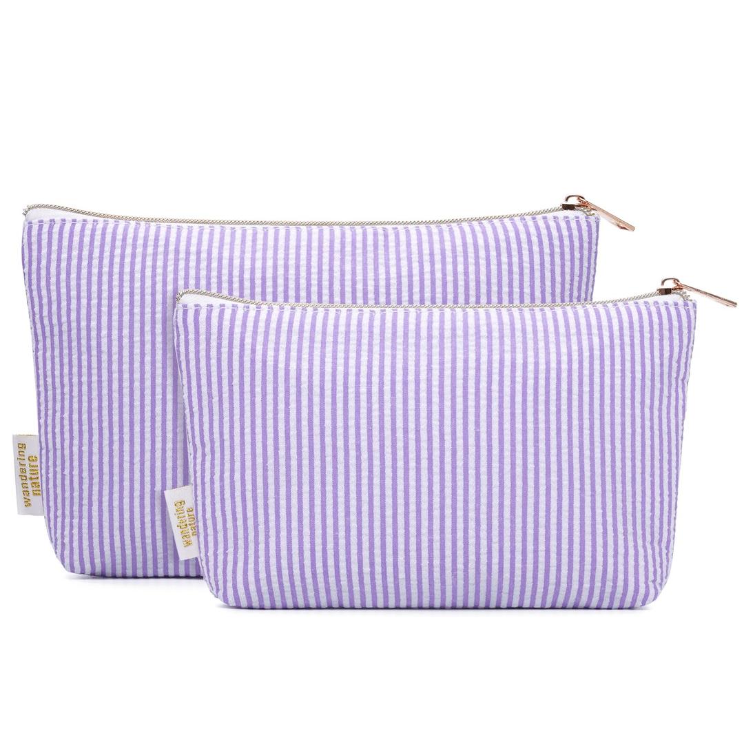 Wandering Nature Makeup Bag Small Cosmetic Bag for Purse 2 Pack Small Make Up Pouch Cute Travel Pouch with Zipper for Women, Purple Stripe