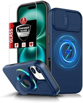 FRLMOOES for iPhone 16 Plus Case Magnetic Compatible with MagSafe Wireless Charging,with 2 Screen Protectors,with 360°Kickstand Ring+Camera Cover Anti-Scratch Shockproof Heavy Duty Protection Blue