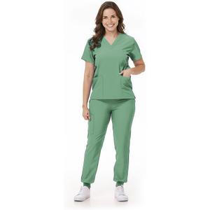 Scrubs Set for Women Nurse Uniform V-Neck Top and Drawstring Jogger Pants with Multi Pocket Nurse Workwear (Small, Light Green)
