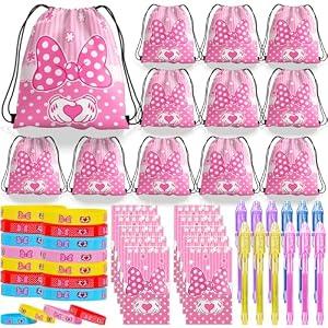 WLBBLQDIE Pink Cartoon Mouse Party Favors, Animation Themed Birthday Party Supplies & Goodie Bags for Kids, Include Drawstring Bags Notebook Silicone Bracelet Highlighter for Gifts Fillers