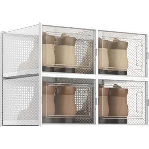 WAYTRIM Stackabke Clear Shoe Box 4 Pack Foldable Shoe Storage Boxes Dorp Front Shoe Organizer Clear Plastic Shoe Containers Fit to Women Size 13 Clear White