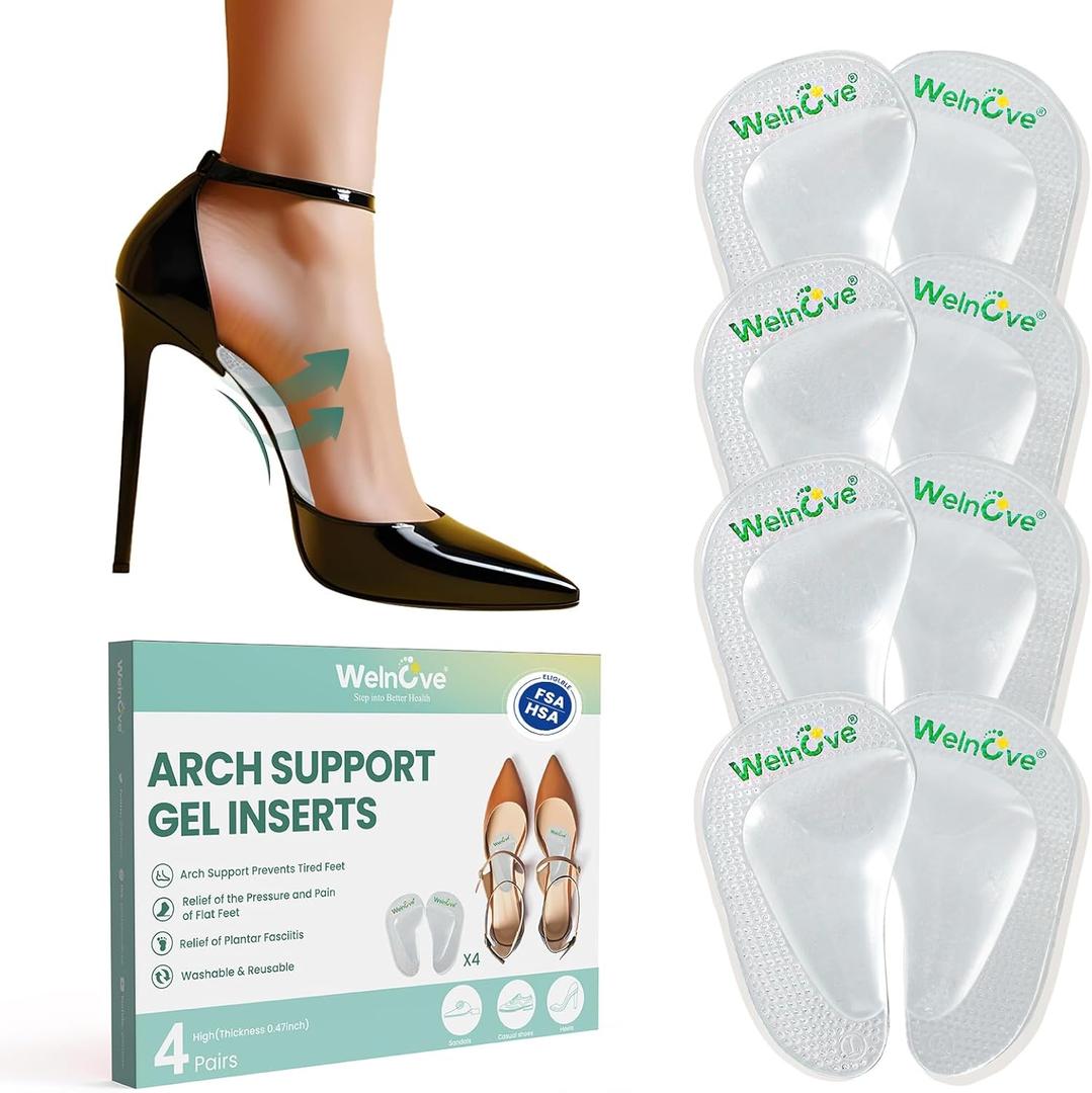 Arch Support Inserts Flat Feet - Welnove 4-Pair Gel Arch Support Insoles for Plantar Fasciitis, Foot Pain Fatigue Relief - Soft Heel Pads Adhesive Fit Most Shoes, Men Women, 0.3" Height (Clear)