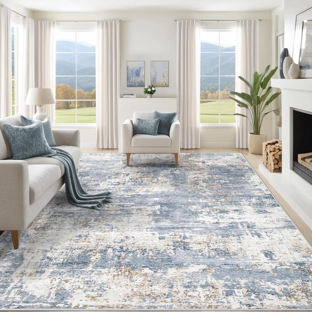 XLUEZ 10x12 Area Rug for Living Room, Washable Modern Abstract Large Area Rug Neutral Soft Non Slip Kids Rug Stain Resistant Indoor Carpet for Bedroom Dining Room Playroom Home Office (Blue, 10'x12')