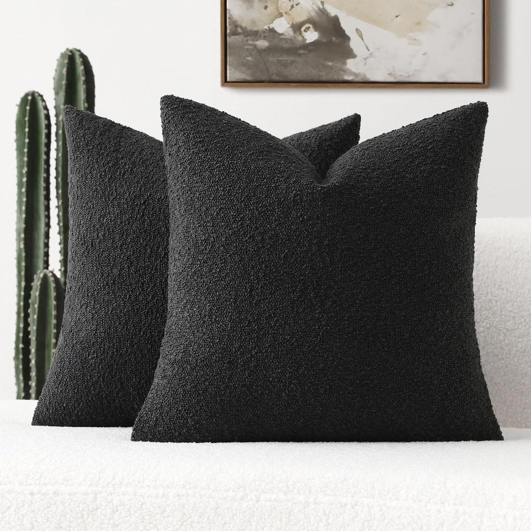 FUTEI Pack of 2 Black Decorative Throw Pillow Covers 16x16 Inch Soft Cozy Solid Boucle Textured Cushion Case,Modern Home Decor for Couch Bed Living Room