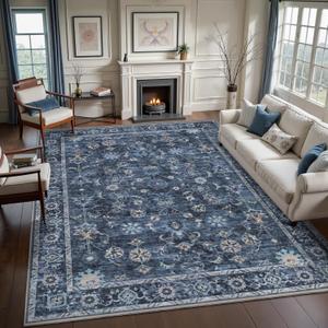 Tangsoo 9x12 Large Area Rug for Living Room, Non Slip Machine Washable Rug for Bedroom, Boho Distressed Vintage Blue Floral Rugs, Soft Indoor Floor Carpet Mat for Office Kitchen Farmhouse Home Decor