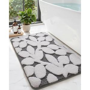 DEXI Bathroom Rugs Non Slip, 16x24 Washable Microfiber Bath Mat Quick Dry, Absorbent Ultra Soft Leaf Plant Bathmat for Shower Floor Tub Sink, Grey