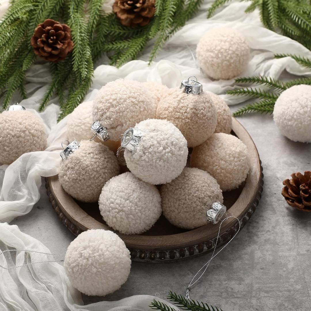 15 Pcs Neutral Christmas Ornaments 2.36 Inch Farmhouse Beige Shatterproof Sherpa Christmas Tree Ornament Hanging Furry Ball Decoration for Xmas Wreath Fireplace Home Office Decor Gift