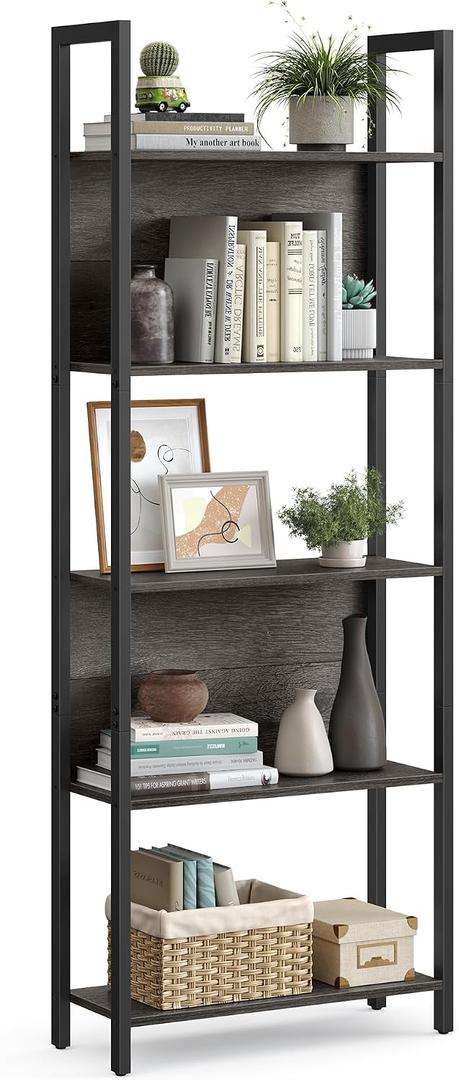 VASAGLE 5-Tier Bookshelf, Book Shelf, Industrial Bookcase, with Steel Frame, for Living Room, Home Office, Bedroom, 9.4 x 24.4 x 65 Inches, Charcoal Gray and Black ULLS025B04, 24.4W x 65H
