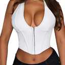 Benfoly Women's Y2K Leather Halter Top Backless Corset Bustier Top Lace Up Sexy Going Out Crop Tank Halter Neck Party Club White L