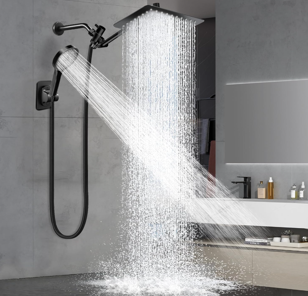 Shower Head,12”Rain Shower Head with Handheld Spray Combo with 11'' Angle Adjustable Extension Arm/Flow Regulator/Shower System,High Pressure Rainfall Shower Head Clean Bathroom,Matt Black