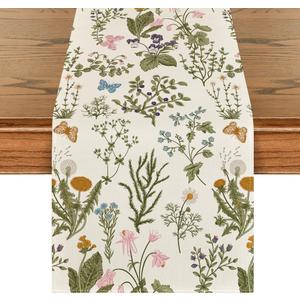 Artoid Mode Wildflowers Floral Spring Table Runner, Butterfly Seasonal Summer Kitchen Dining Table Decoration for Home Party Decor 13x90 Inch (Beige)