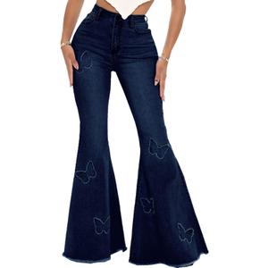 Women's Butterfly Bell Bottom Jeans Elastic High Waisted Embroidered Classic Flareed Jeans Raw Hem Denim Pants with Pocket (X-Large, Dark Blue)