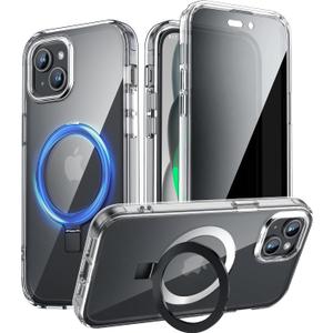 YXU Privacy Case for iPhone 15 Pro Max with Magnetic Invisible Stand [120 Foldable Durable Ring][Built-in Anti Peep Screen Protector] Full Body Slim Clear Back Phone Case Cover 6.7"Clear