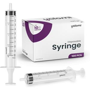 10mL Luer Slip Syringe (No Needle) | Sterile & Individually Wrapped | Professional, Industrial & Personal Use | 100 Pack | Yalomi