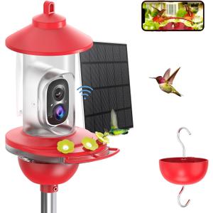 SOLIOM Hummingbird Feeder with Camera, Solar Powered 2K Smart Bird Feeder with AI Bird Identification, Auto Motion Detection, Ant Moat & Pole Mount, Ideal Gift for Hummingbird Lovers, 20 oz