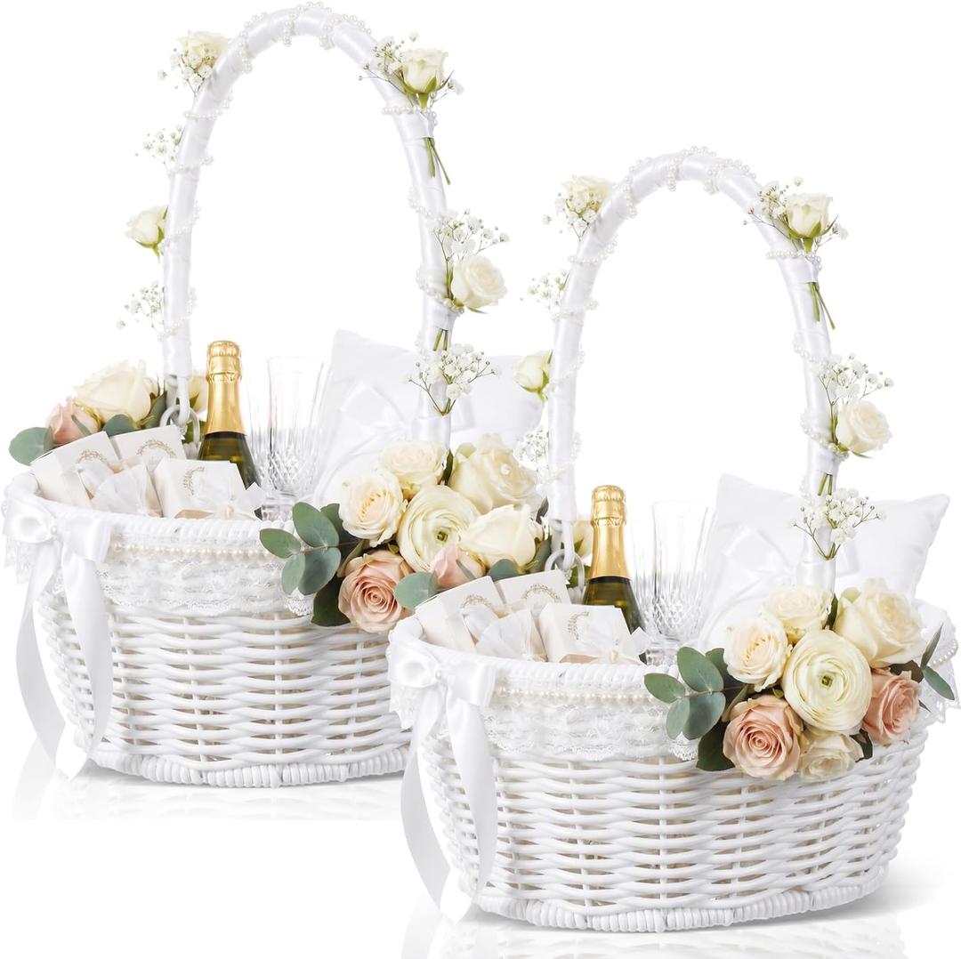 Remerry 2 Pieces Easter Basket for Egg Hunt White Wicker Baskets with Handle Small Picnic Woven Basket Braided Gift Wedding Baby Shower Farmhouse Decor
