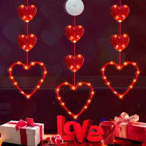 3 Pack Valentines Day Window Lights Red Heart Valentines Day Lights Decorations Suction Cup Battery Powered Valentines Lights Indoor for Valentines Day Wedding Anniversary Decor