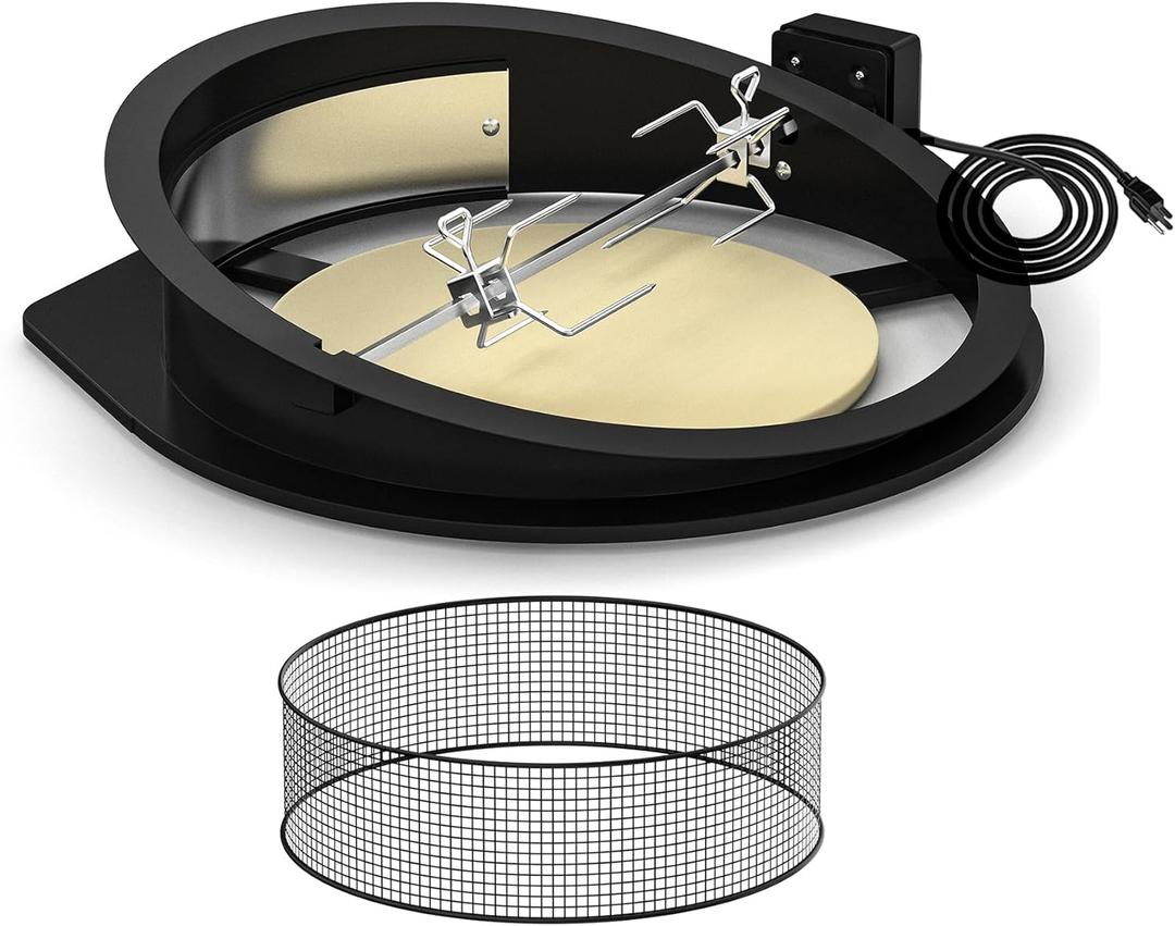 Skyflame 2 in 1 Black Coated Steel Rotisserie Kit with Pizza Ring Compatible with 22 1/2" Weber Kettle Grills - Including Electric Motor, Spit Rod, Pizza Stone, Pizza Ring