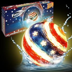 LED Underwater Pool Ball – 1 Pack 9" Light Up Water Ball Toy, Patriotic Design Pool Sports Game for Kids & Teens, Dribble & Pass for Water Football & Basketball, Summer Backyard Parties