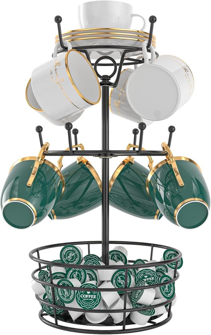 360 Rotating Coffee Mug Holder - Metal 3 Tier Mug Tree Rack Cup Holder for Countertop with 10 Hooks, Coffee Pods Holder for Bar Organizer Kitchen Counter - Black