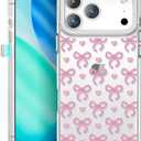 pcgaga Aesthetic Phone Case for iPhone 17 Pro Max 6.9" with Embossed Patterned Hard Clear Back Cover,Slim TPU Bumper,Camera Frame -360°Shockproof Full Protection, Pink Bow