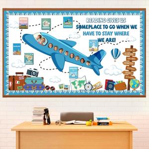 Funrous Reading Travel Bulletin Board Set Back to School Airplane Classroom Decorations World Adventure Travel Paper Cutouts DIY Photo Crafts for Teacher Students First Day of School Supplies
