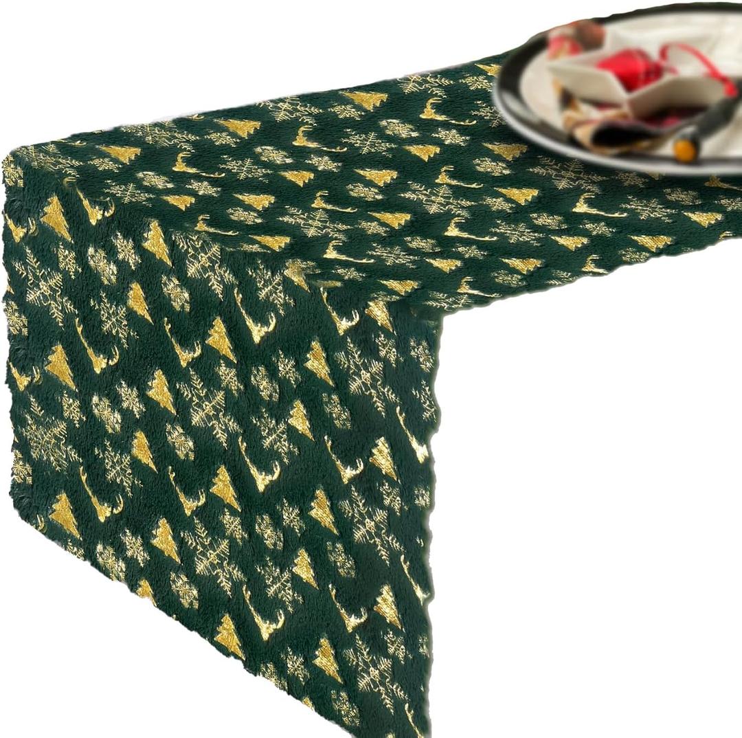 2 x Fur Table Runner,Table Runners 14x72 Inches,Snow Table Runner,Green and Gold Print Decorations for Party Birthday Friends Giving Wedding Dinning Table (Green)