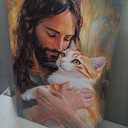 Jesus Animal Wall Art Jesus Holding Cat Pictures Print Watercolor Cute Cat Posters Christian Religious Painting Artwork Christ Home Decoration Framed(Artwork-1,16"x24"), 24L" x 16W"