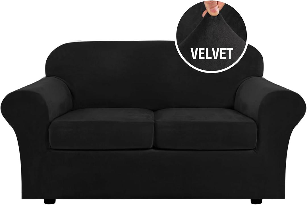 H.VERSAILTEX Real Velvet Plush 3 Piece Stretch Sofa Covers Couch Covers for 2 Cushion Couch Loveseat Covers Width Up to 72 Inch Feature Thick Soft Stay in Place (Medium Sofa, Black)