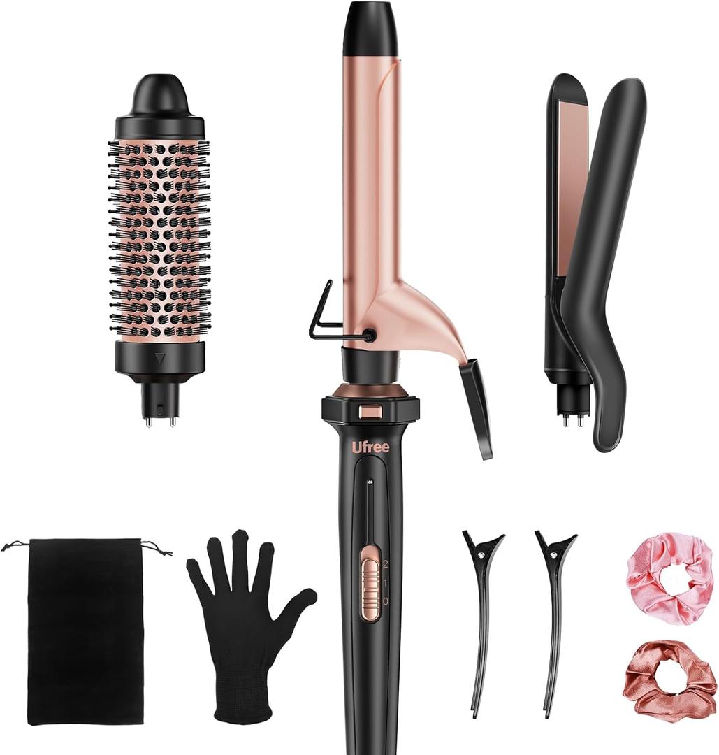 Ufree 3 in 1 Curling Iron, Curling Wand Set with Thermal Brush Flat Iron Hair Straightener, Dual Voltage Wand Curler, Instant Heat Up Hair Curler, Include Protective Glove 2 Clips, Gifts for Women