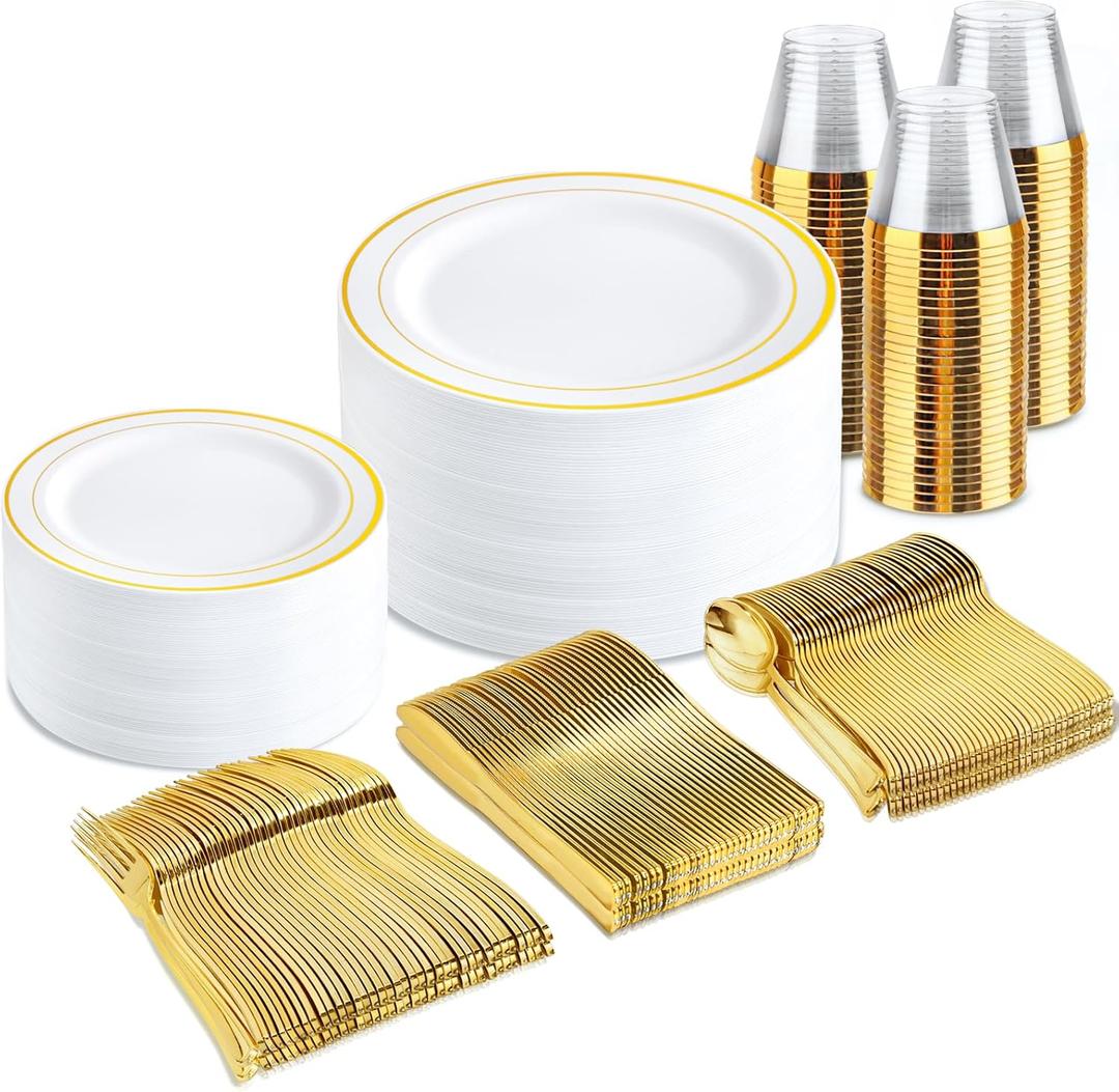 bUCLA 300PCS Gold Disposable Dinnerware Set - White and Gold Plastic Plates - Include 50 Each (Dinner&Dessert) Plates,50 Knives,50 Forks,50 Spoons,50 Cups for Party