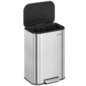 SONGMICS Kitchen Bin, 50 L Pedal Bin, Steel Trash Bin, Soft-Close Lid, Stays Open, Inner Bucket, Wide Non-Slip Pedal, Metallic Silver LTB547E01