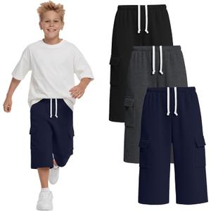3 Pack Boys Cargo Capri Pants 6-16 Years with 4 Pockets Wide Leg Loose Elastic Waist Drawstring Shorts Sweatpants