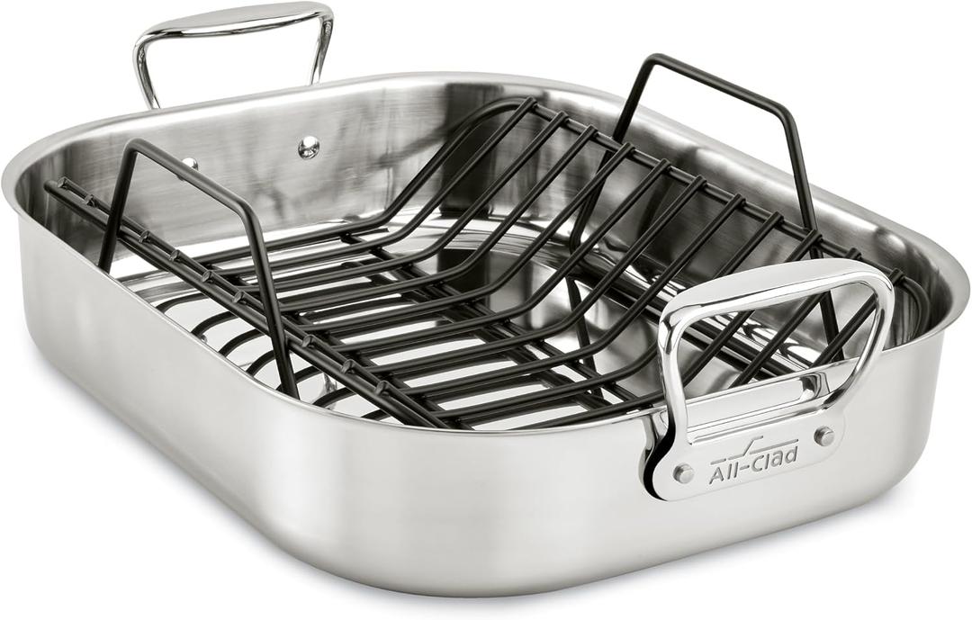 All-Clad Specialty Stainless Steel Roaster and Nonstick Rack 16x13x5 Inch Oven Broiler Safe 600F Roaster Pan, Pots and Pans, Bakeware, Turkey, Silver